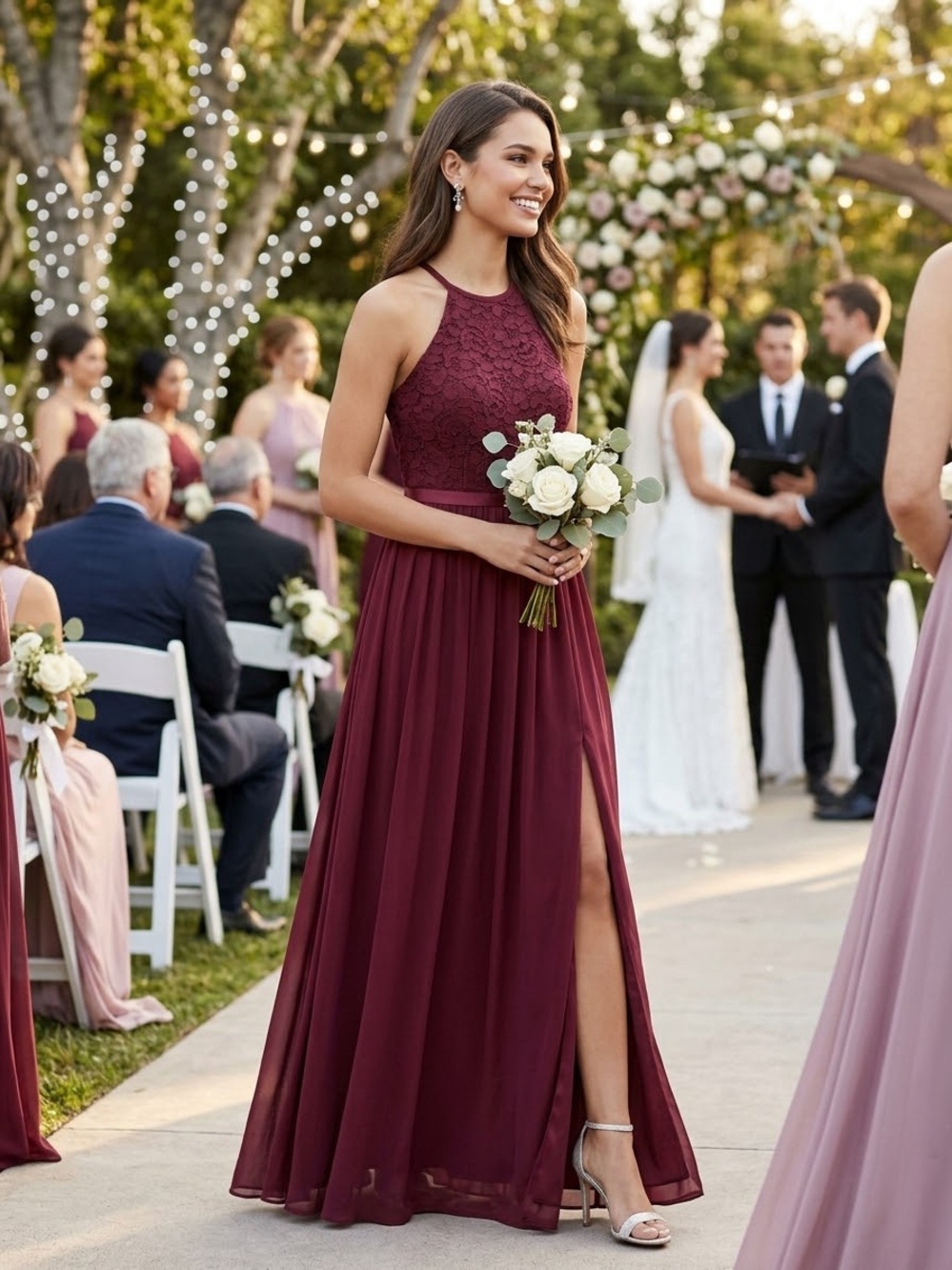 David's Bridal Wine Lace Halter Maxi Dress